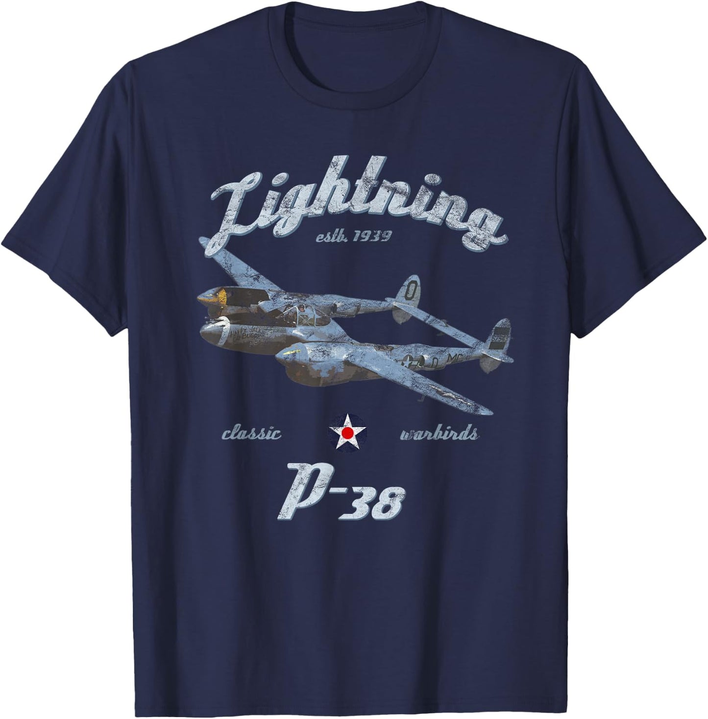 Designed For Flight P-38 Lightning Classic Warbird WWII Fighter Airplane Vintage Black Adult T-Shirt - T-Shirt | Navy