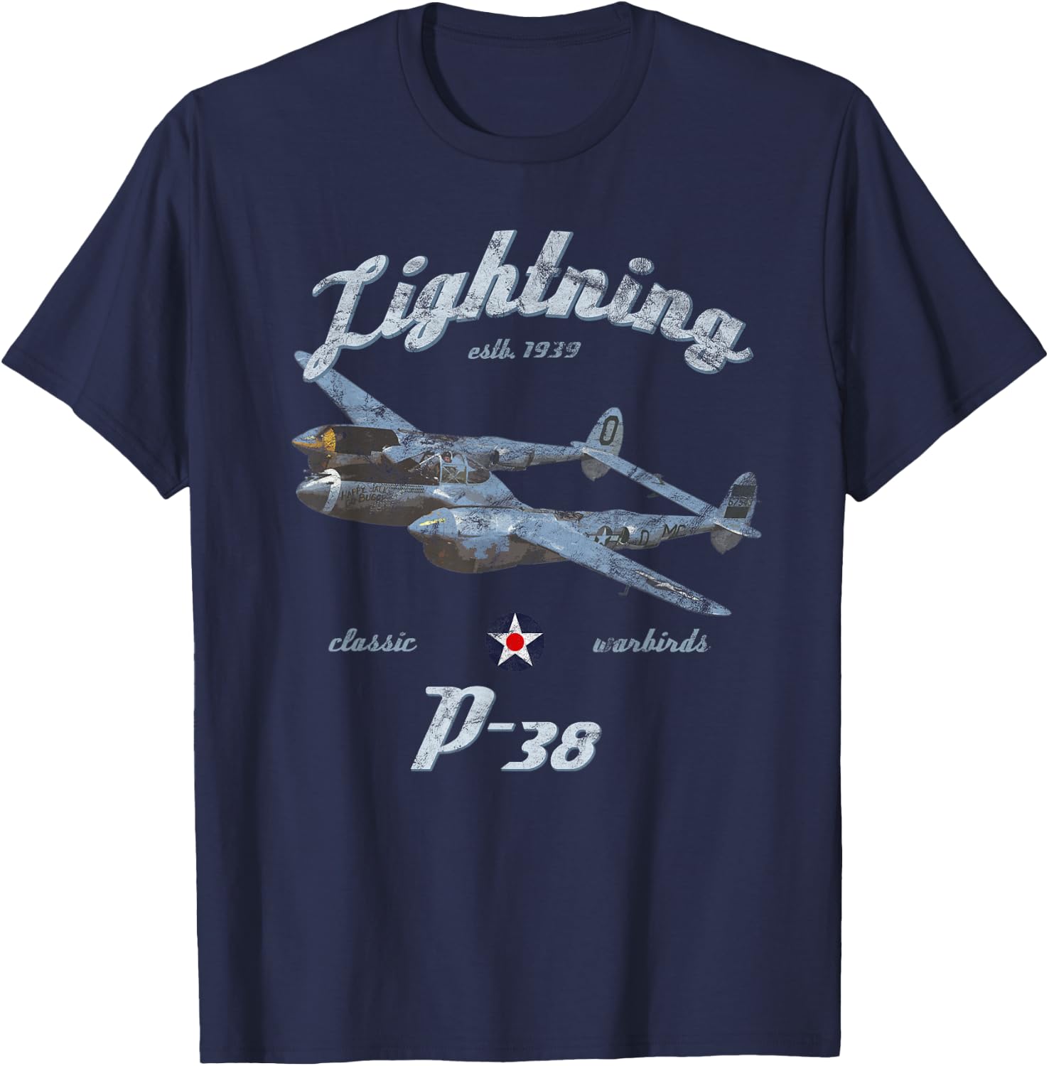 Designed For Flight P-38 Lightning Classic Warbird WWII Fighter Airplane Vintage Black Adult T-Shirt - T-Shirt | Navy