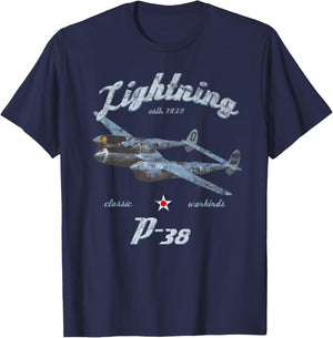 Designed For Flight P-38 Lightning Classic Warbird WWII Fighter Airplane Vintage Black Adult T-Shirt - T-Shirt | Navy