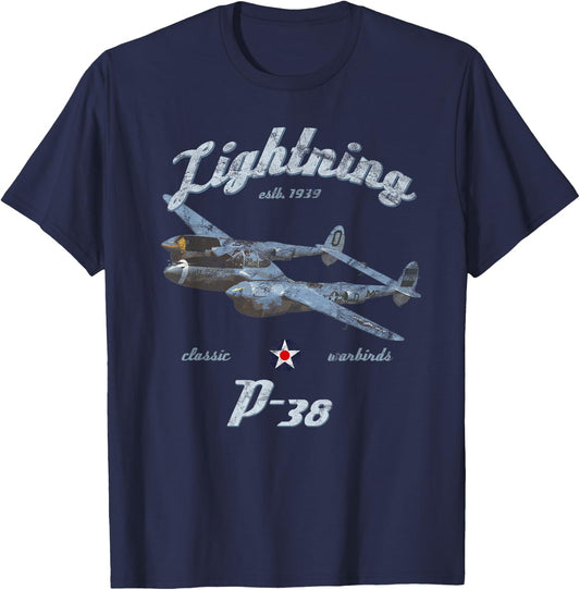Designed For Flight P-38 Lightning Classic Warbird WWII Fighter Airplane Vintage Black Adult T-Shirt - T-Shirt | Navy