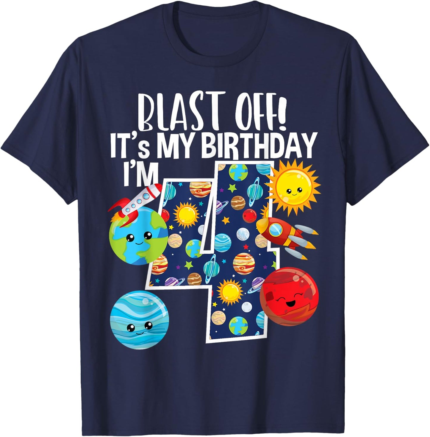 Space Planets Funny Solar Space 4th Birthday Party 4 Yrs Old T-Shirt - T-Shirt | Navy