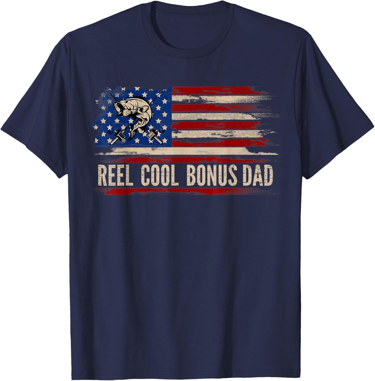 Reel Cool Bonus Dad American USA Flag Funny Fishing/Fish T-Shirt - T-Shirt | Navy