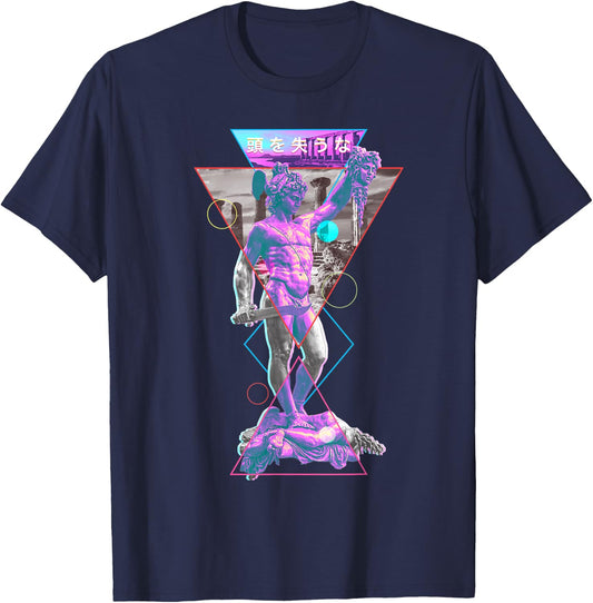 Perseus and Medusa Vaporwave Aesthetic 1980s Art Japanese T-Shirt - T-Shirt | Navy