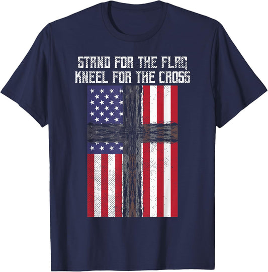 Stand Flag Kneel Cross God Jesus America US Christian Gift T-Shirt - T-Shirt | Navy