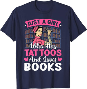 Girl Who Has Tattoos Loves Books Tattooed Bookworm T-Shirt - T-Shirt | Navy