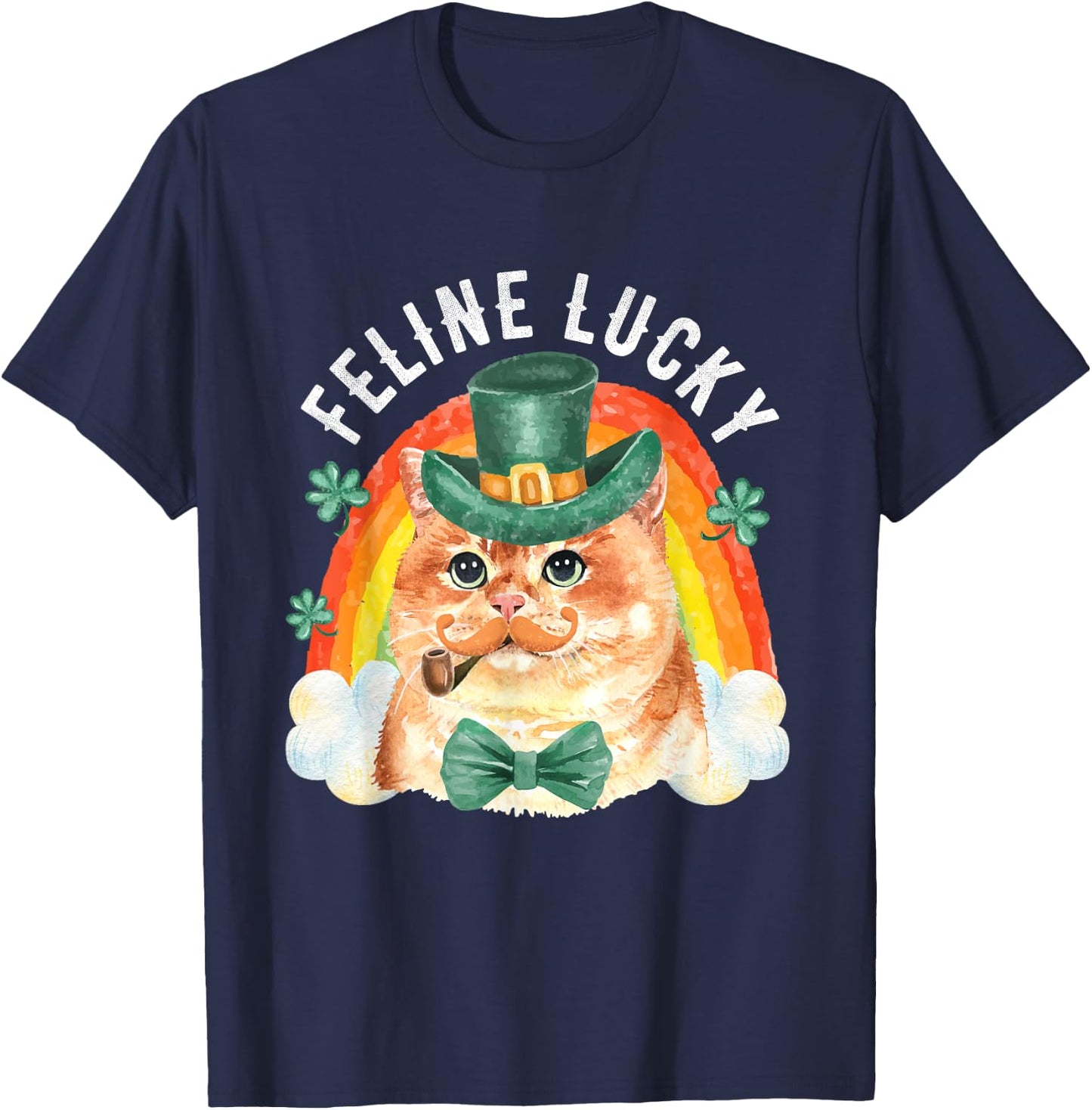 Feline Lucky St Patricks Day Funny Leprechaun Cat Rainbow T-Shirt - T-Shirt | Navy