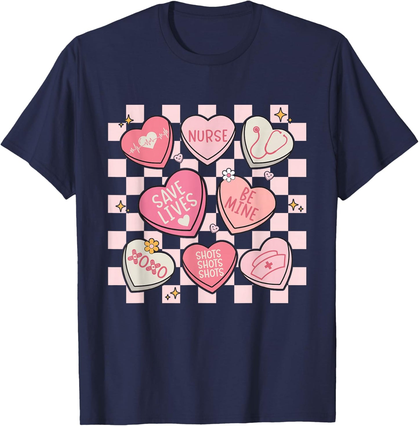 Women Valentines Nurse Hearts Candy Valentine Nursing T-Shirt - T-Shirt | Navy