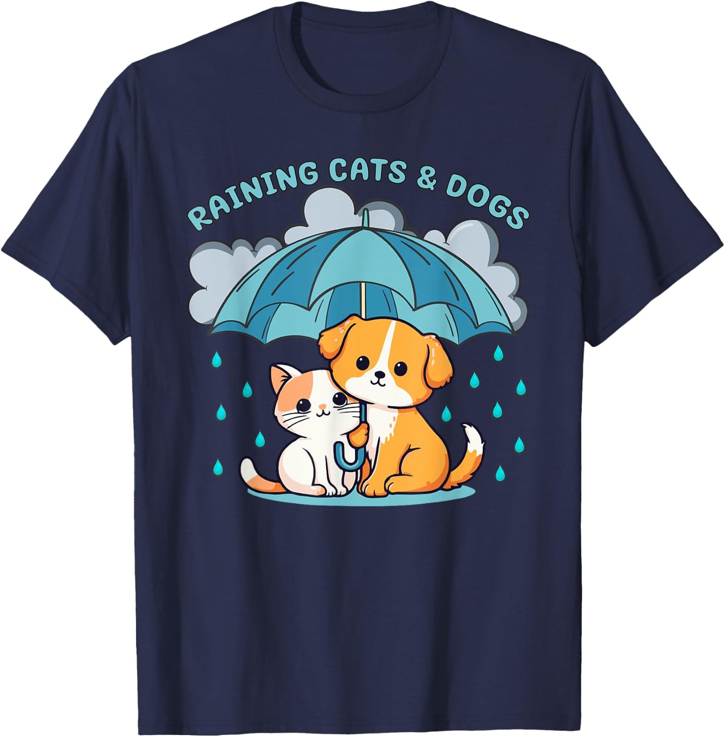 Raining Cats and Dogs Canine Feline Puppy Kitty Funny Idiom T-Shirt - T-Shirt | Navy