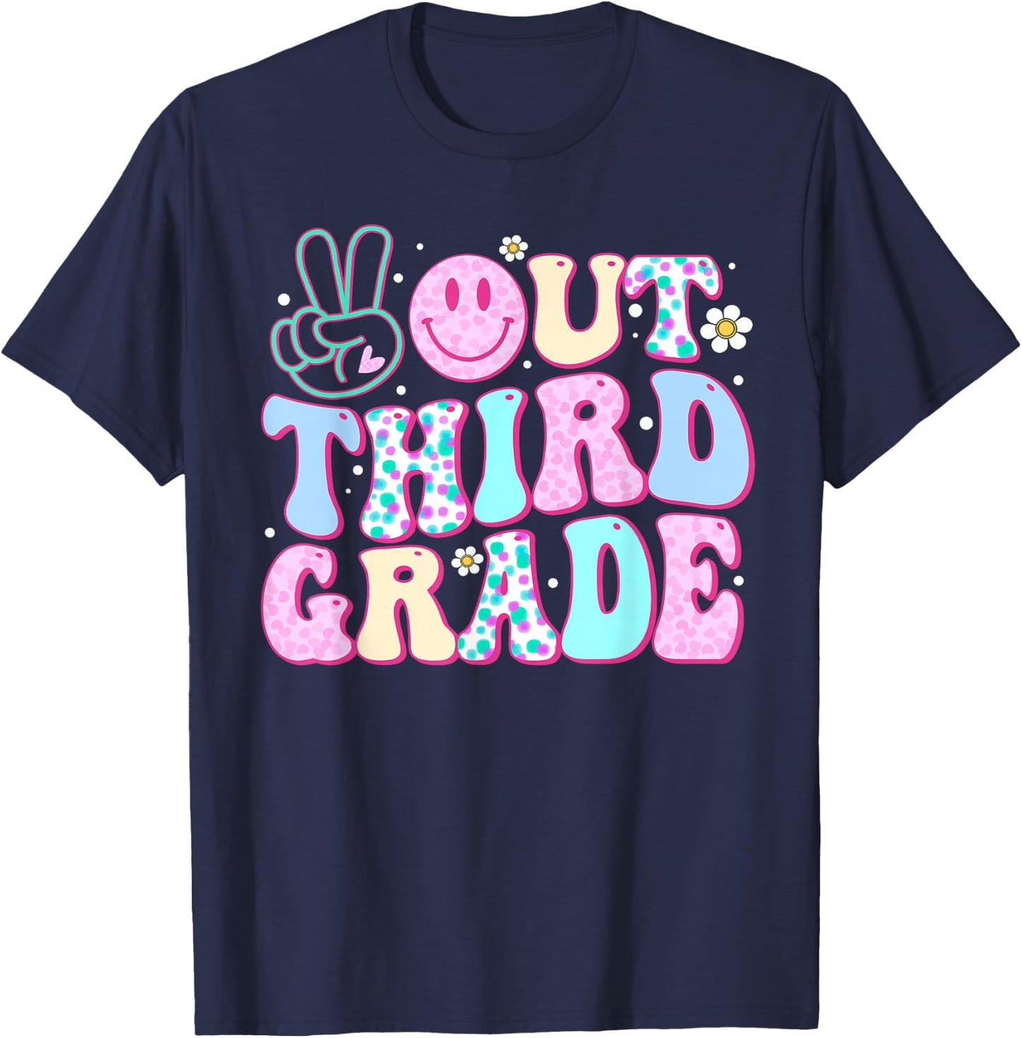 Peace Out Third Grade Last Day Of School Groovy Boys Girls T-Shirt - T-Shirt | Navy