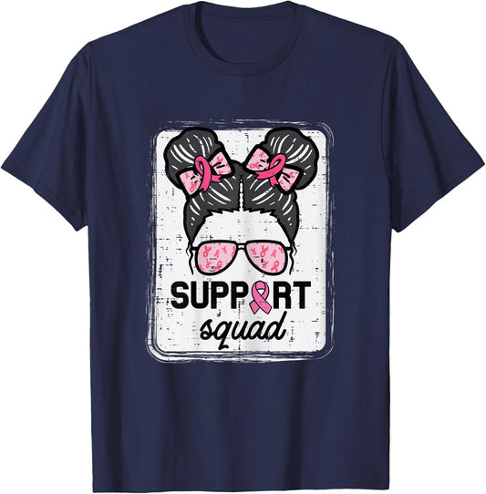 Breast Cancer Support Squad Bun Awareness Girls Kids Youth T-Shirt - T-Shirt | Navy