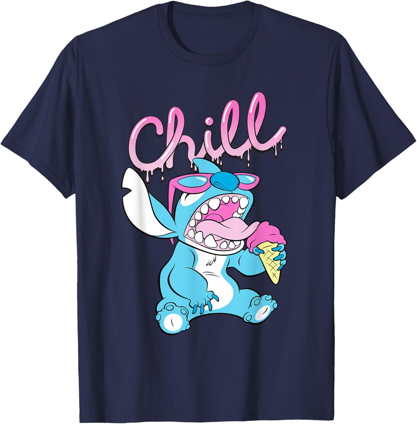 Disney Lilo and Stitch Neon Ice Cream Chill Drip T-Shirt - T-Shirt | Navy