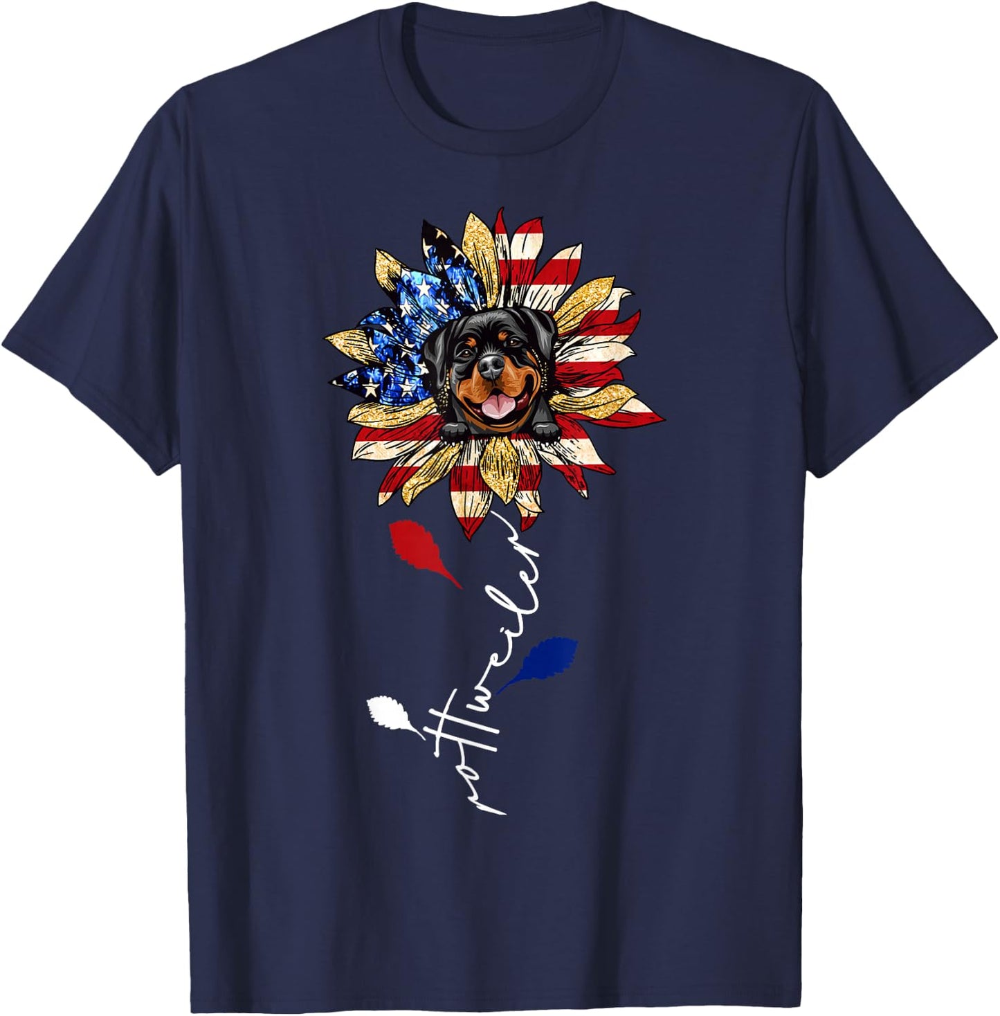 Rottweiler Sunflower American Flag 4th of July Funny T-Shirt - T-Shirt | Navy