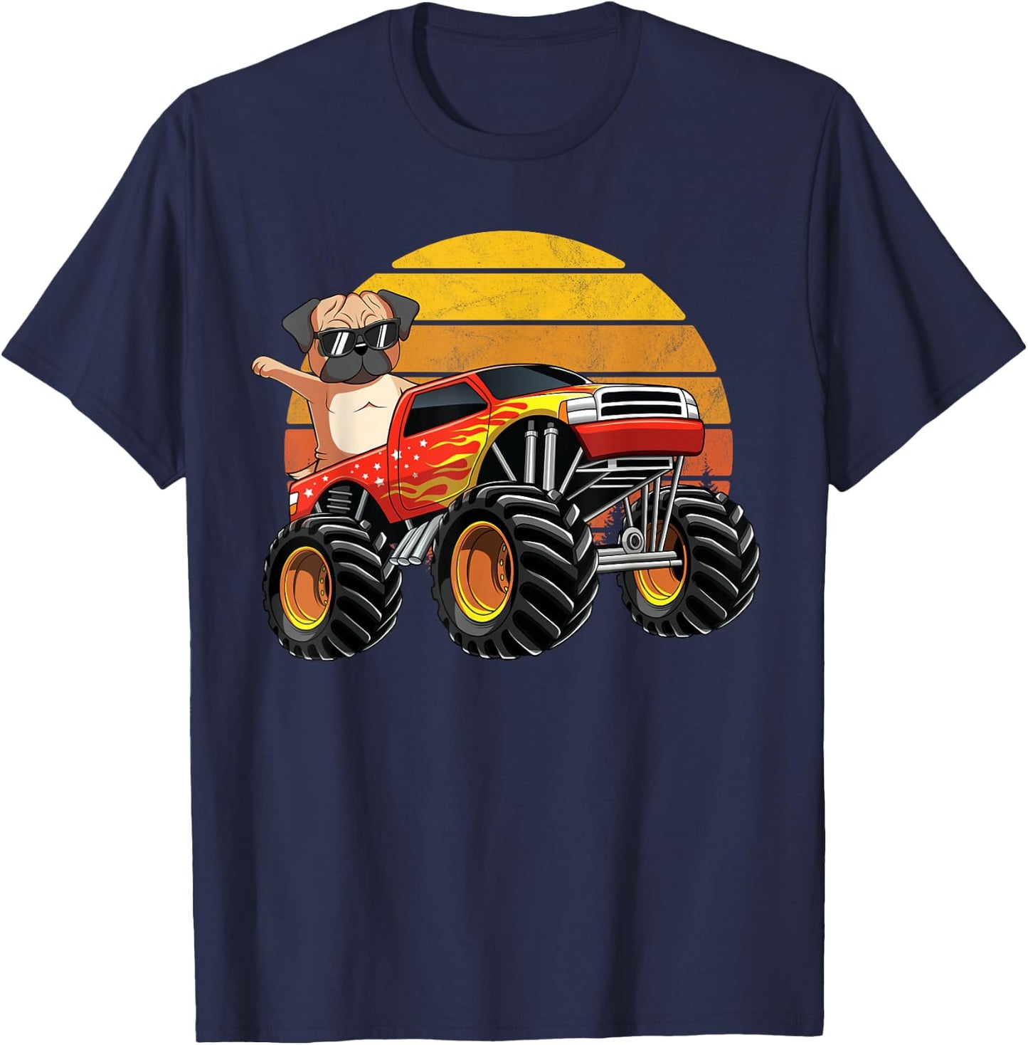 Vintage Monster Truck Pug Dog Retro Sunset Boys T-Shirt - T-Shirt | Navy