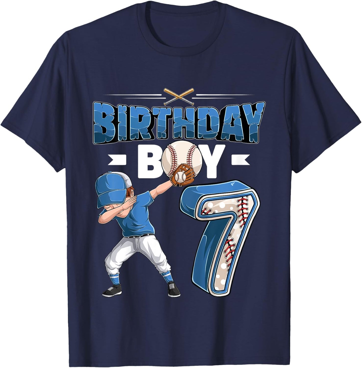 Kids dabbing boy 7 year old Baseball Player 7th birthday party T-Shirt - T-Shirt | Navy