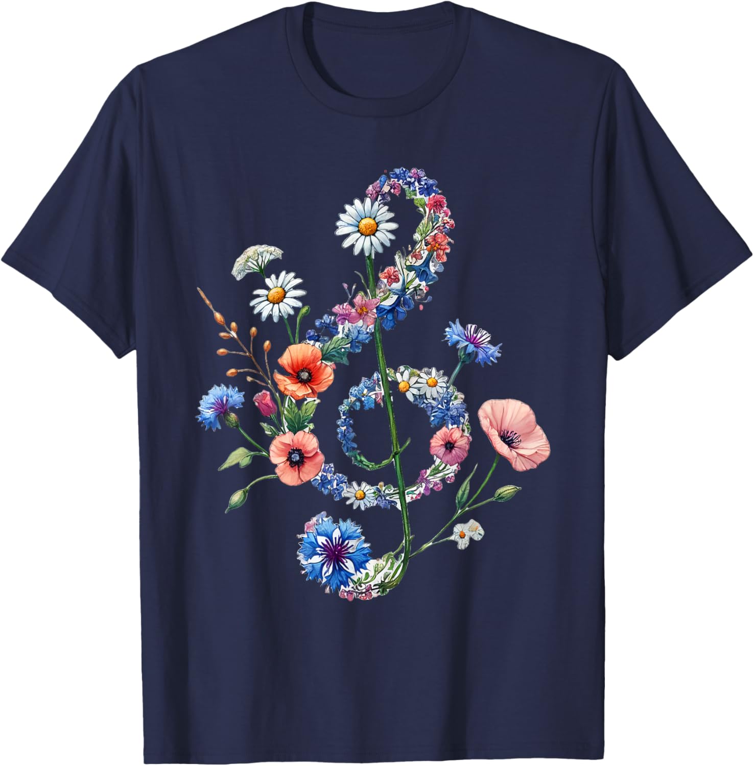 Wildflowers Treble Clef Flower Musical Note Music T-Shirt - T-Shirt | Navy