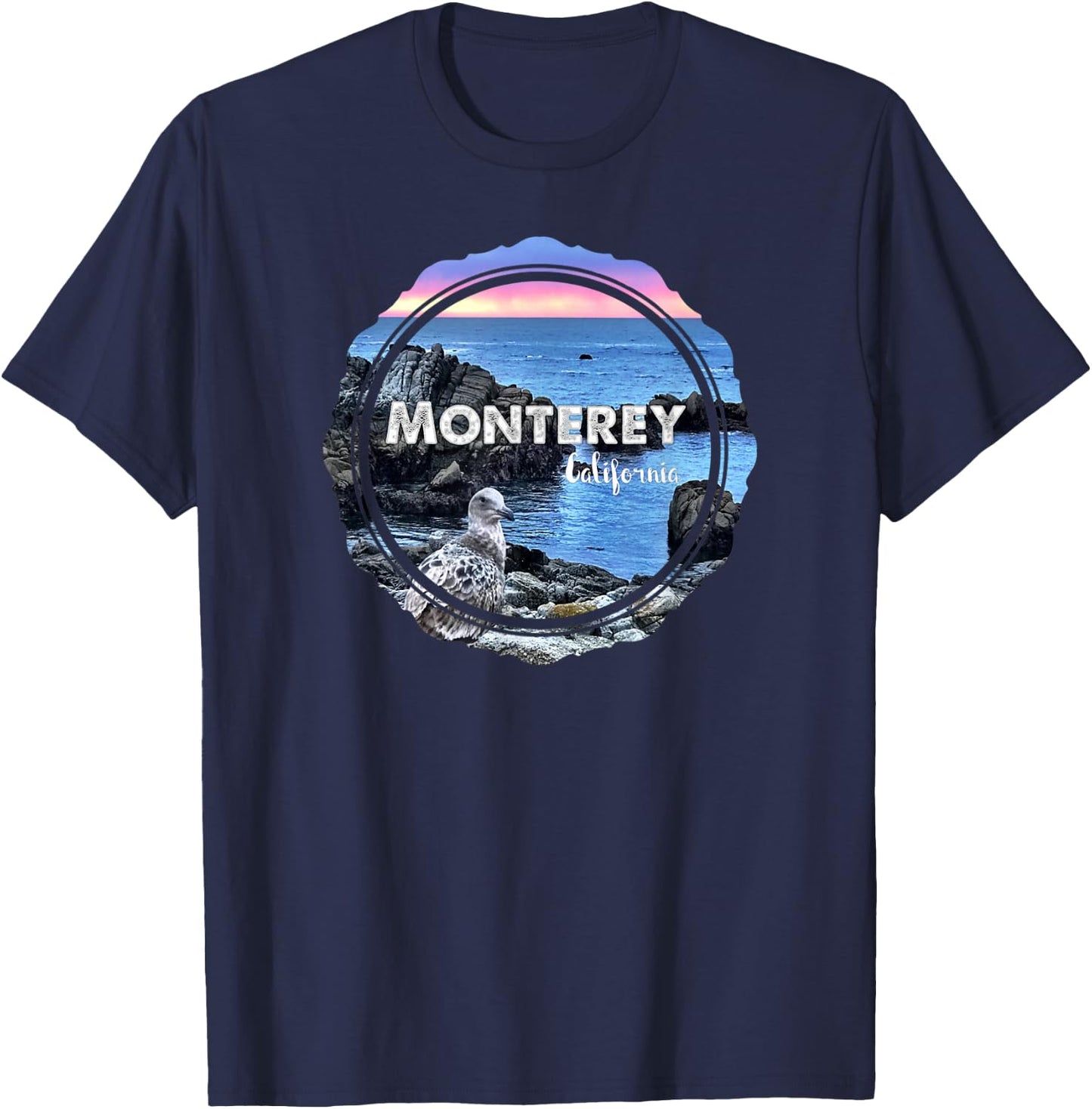 Monterey California Ocean Sunset Seagull Coastal Souvenir T-Shirt - T-Shirt | Navy