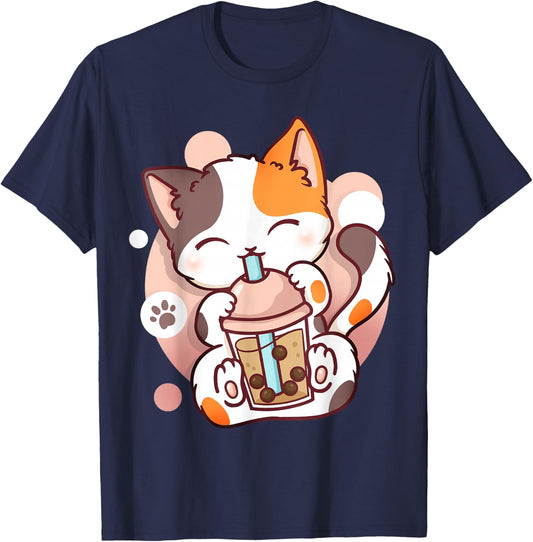 Cat Boba Tea Bubble Tea Anime Kawaii Neko Small T-Shirt - T-Shirt | Navy