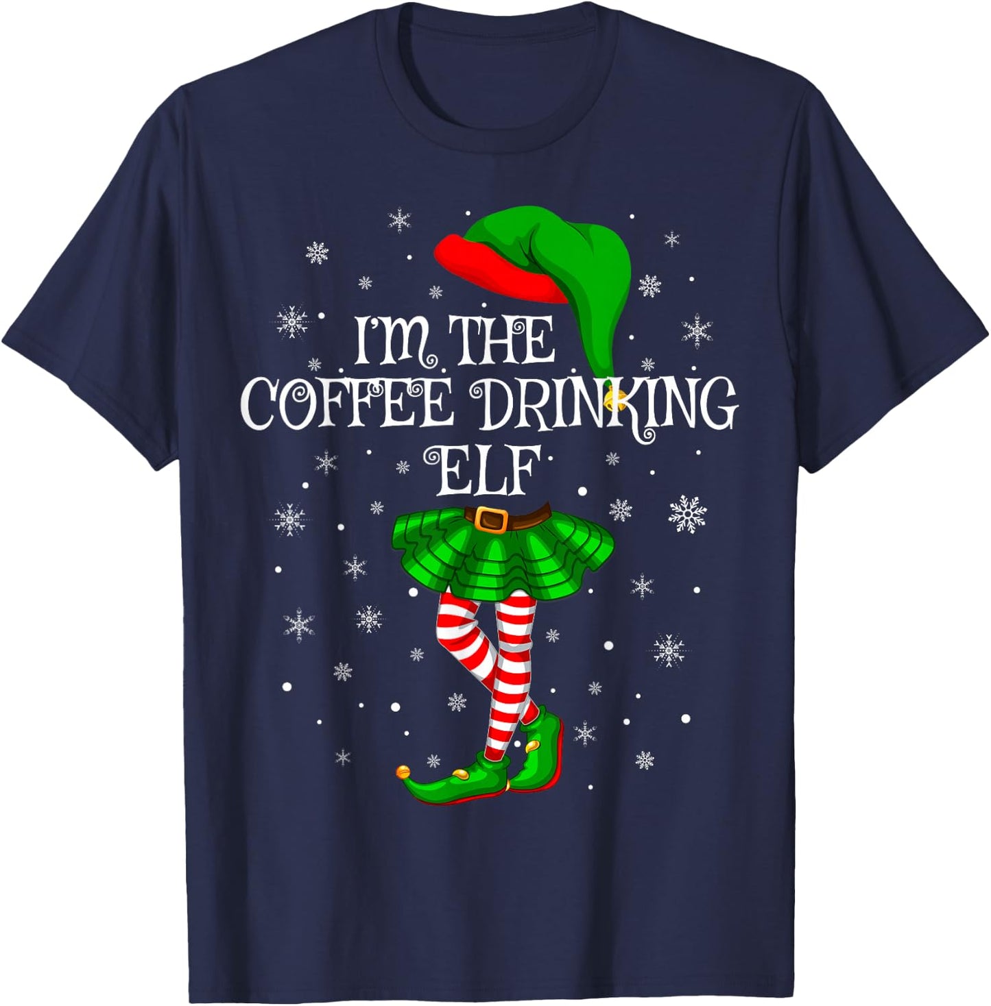 Coffee Drinking Elf Christmas Matching Family Women Girl Elf T-Shirt - T-Shirt | Navy