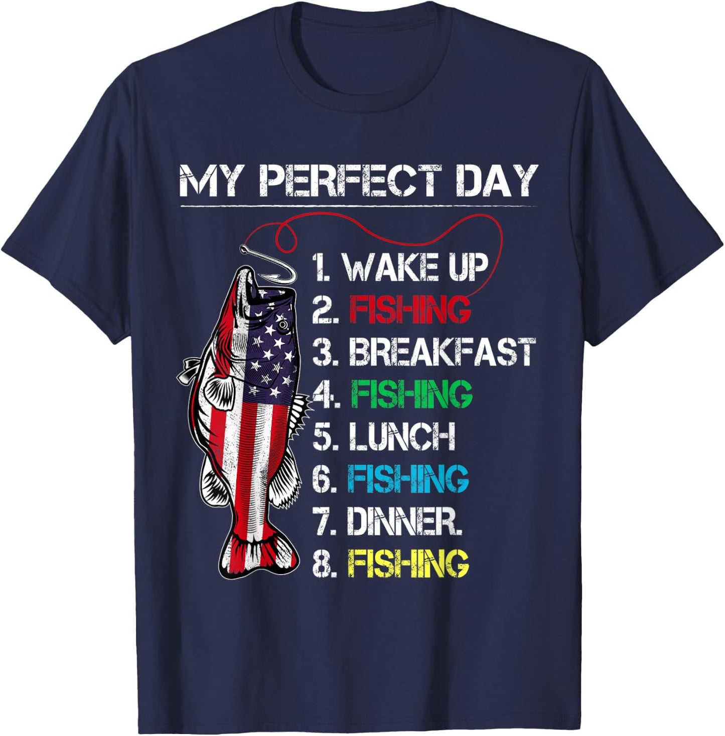 My Perfect Day Fishing Gift Fishermen American Flag Vintage T-Shirt - T-Shirt | Navy