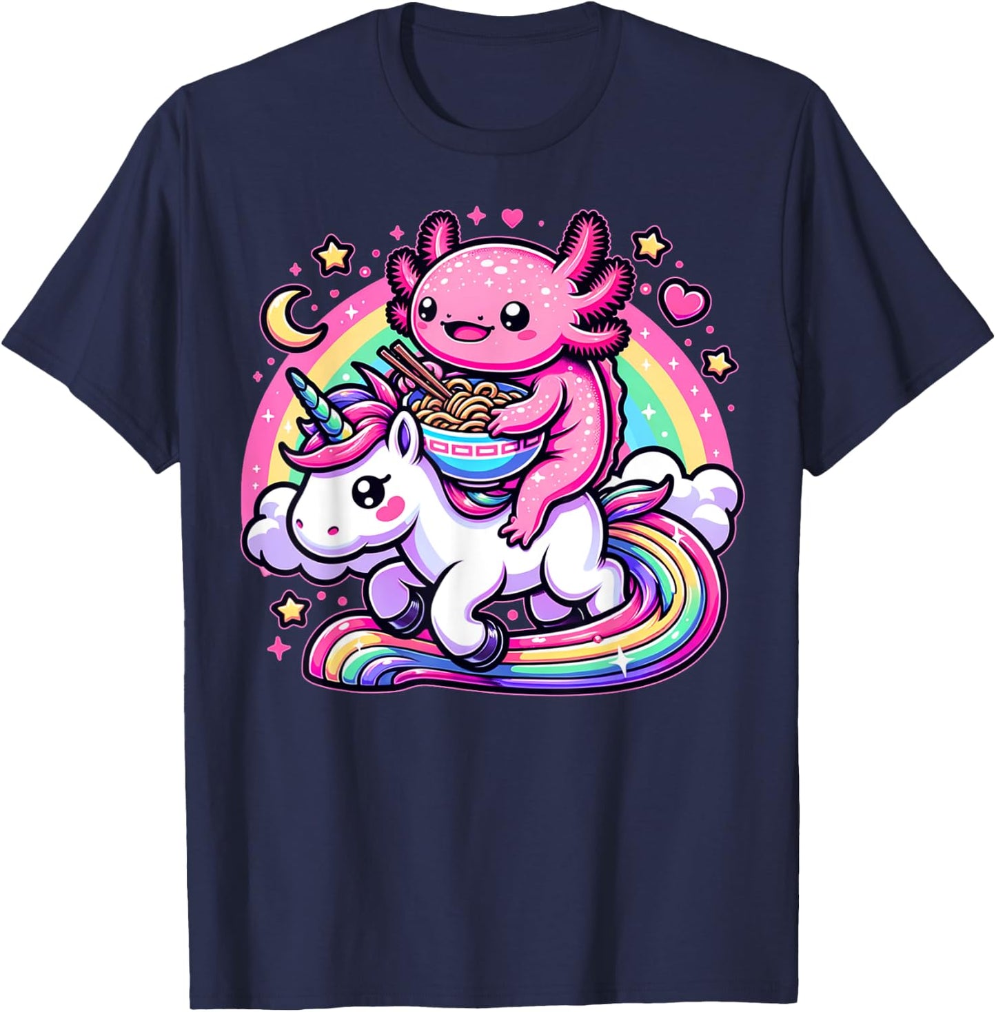 Anime Kawaii Axolotl Eating Ramen Noodles Kids Teen Girl Boy T-Shirt - T-Shirt | Navy