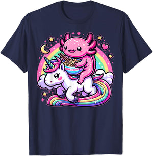 Anime Kawaii Axolotl Eating Ramen Noodles Kids Teen Girl Boy T-Shirt - T-Shirt | Navy