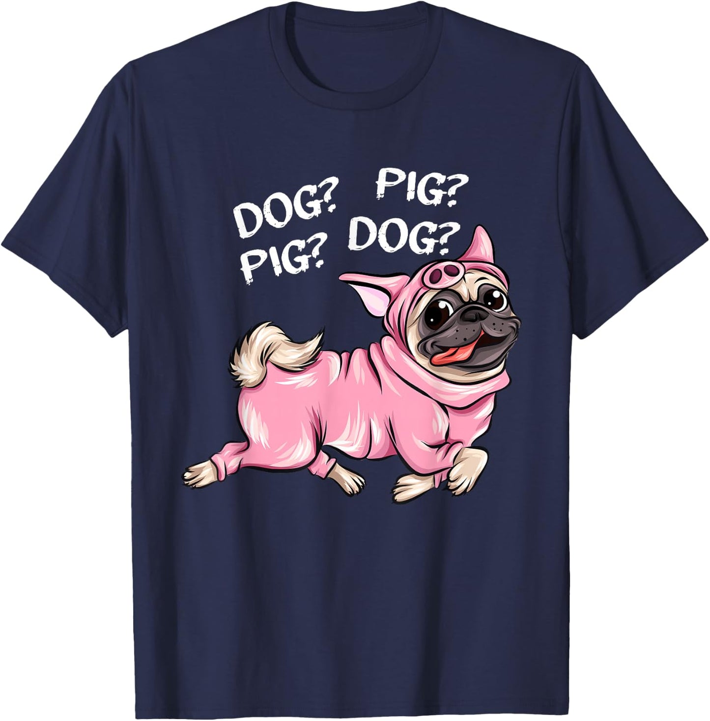 Cute Dog Pug Pig Apparel -Adults Black Dog Pig Pug Both Funny Connection of Animal Connected T-Shirt - T-Shirt | Navy