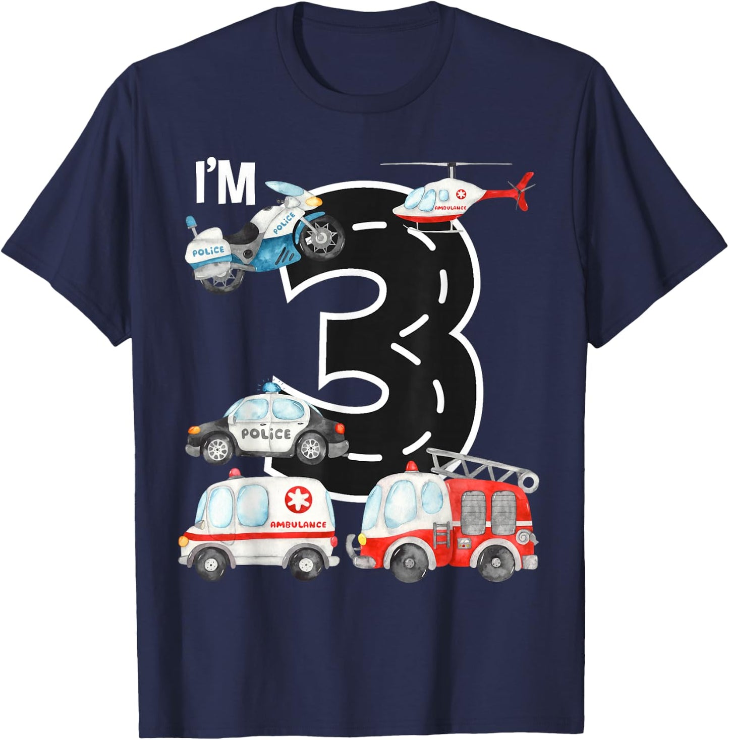 Emergency Vehicles 3rd Birthday Fire Truck Police Car Boys T-Shirt - T-Shirt | Navy
