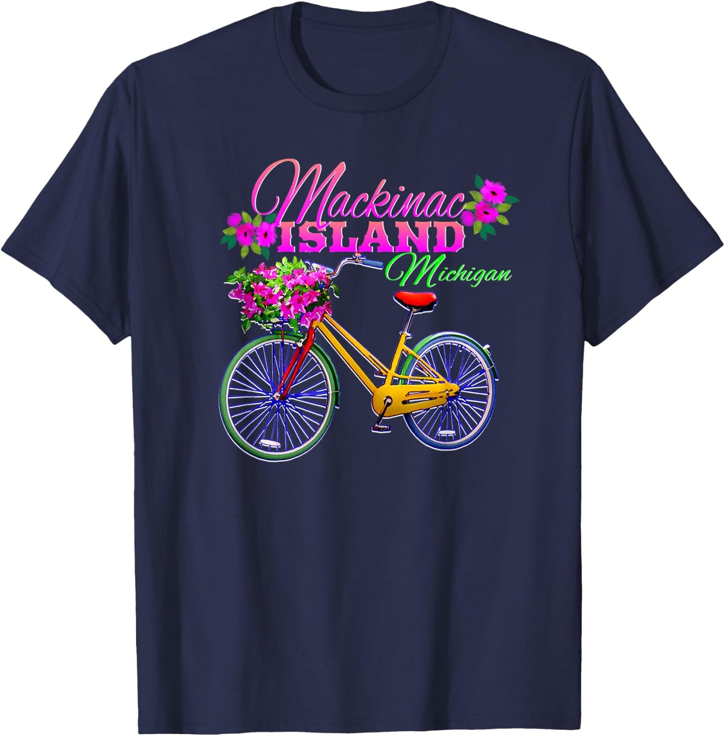 Mackinac Island Michigan Gift Vintage Bike Flowers T-Shirt - T-Shirt | Navy