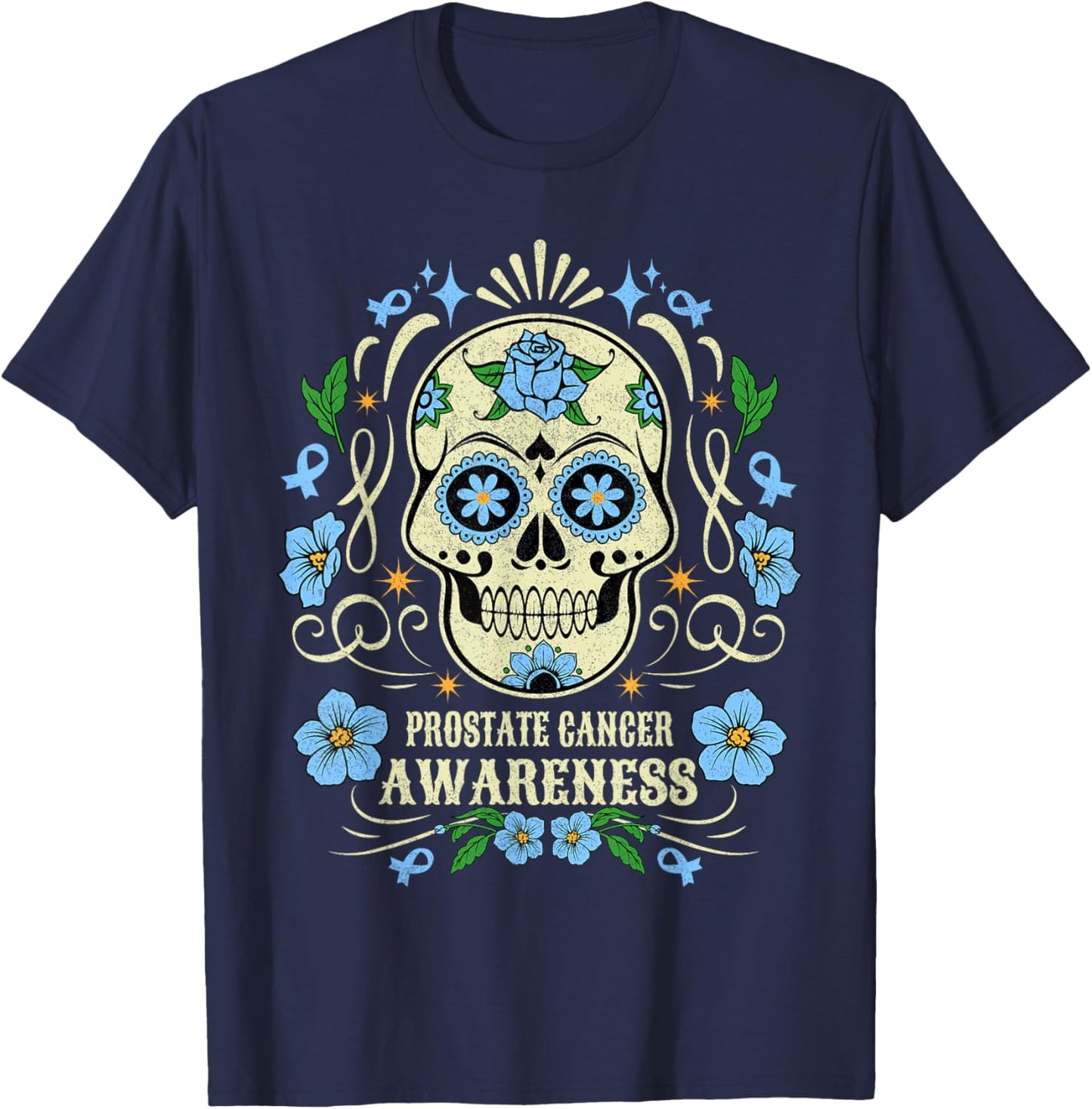 Skull Flower Prostate Cancer Awareness Retro Blue Ribbon T-Shirt - T-Shirt | Navy