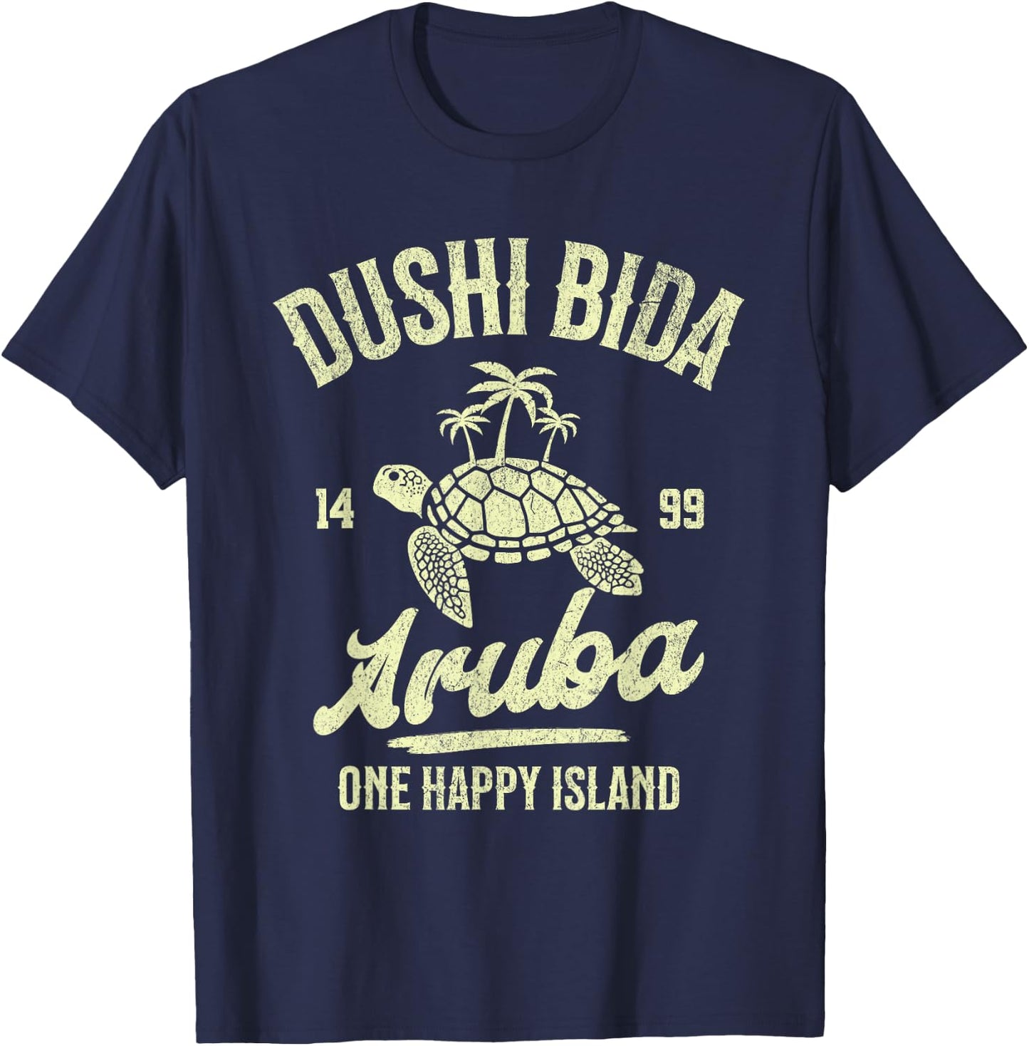 One Happy Island Aruba Cool Palm Turtle Dushi Bida Vintage T-Shirt - T-Shirt | Navy
