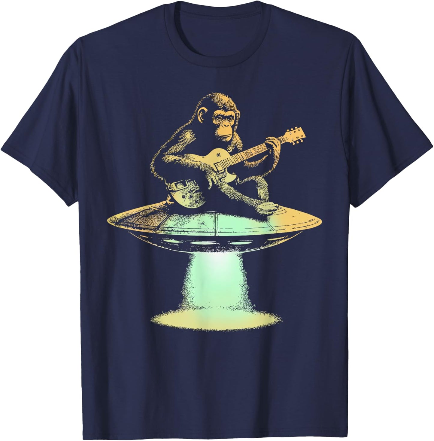 Monkey Playing Guitar On UFO Funny Guitarist Musician T-Shirt - T-Shirt | Navy