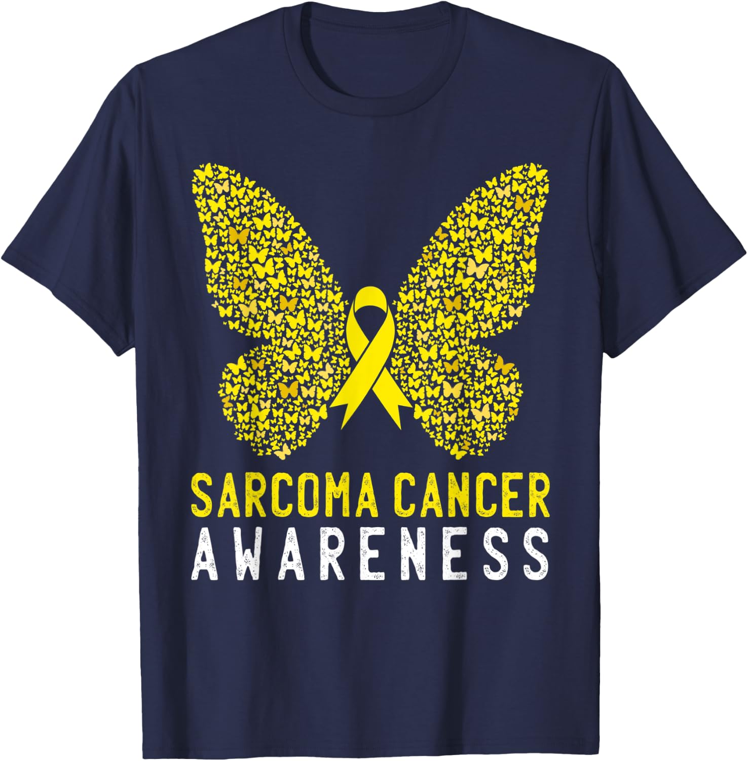 Butterfly Sarcoma Cancer Awareness Yellow Ribbon Support T-Shirt - T-Shirt | Navy