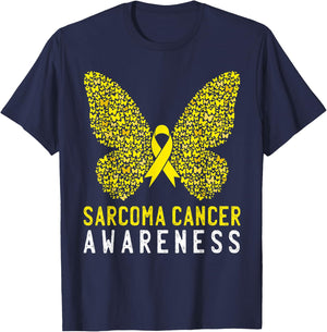 Butterfly Sarcoma Cancer Awareness Yellow Ribbon Support T-Shirt - T-Shirt | Navy