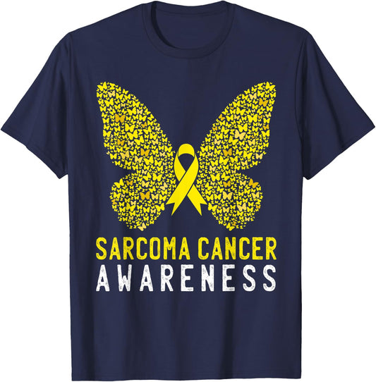 Butterfly Sarcoma Cancer Awareness Yellow Ribbon Support T-Shirt - T-Shirt | Navy