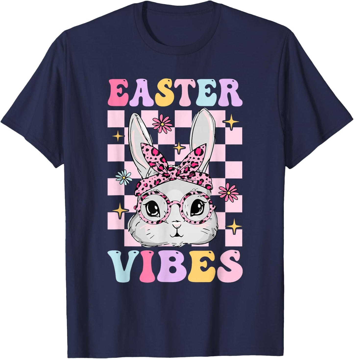Retro Groovy Easter Vibes Bunny Checkered For Girls T-Shirt - T-Shirt | Navy