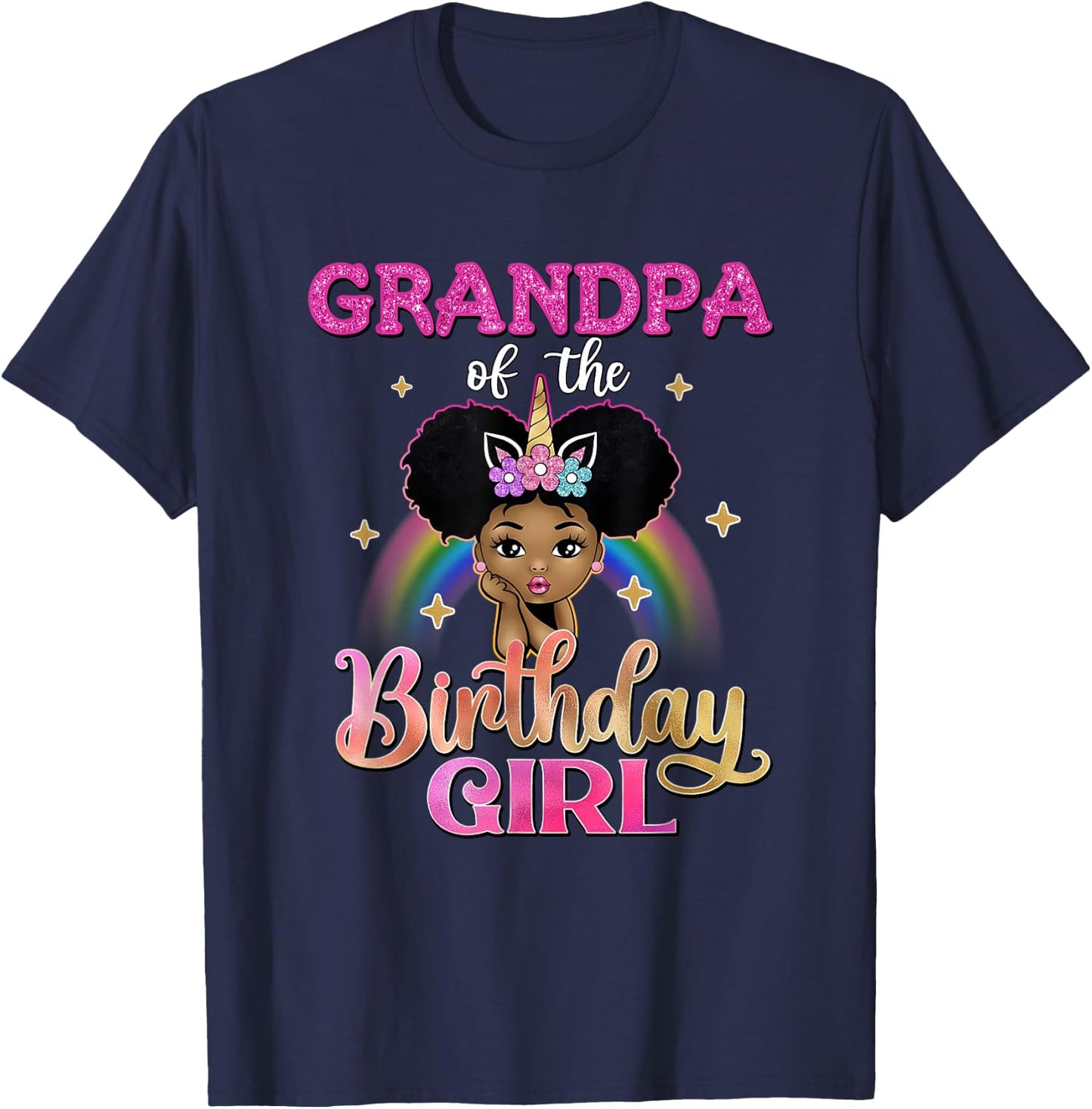 Grandpa of The Birthday Girl Princess Afro Melanin Unicorn T-Shirt - T-Shirt | Navy