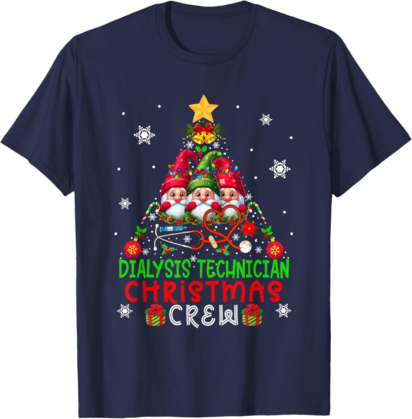 Dialysis Technician Christmas Crew Three Gnomes Xmas Tree T-Shirt - T-Shirt | Navy