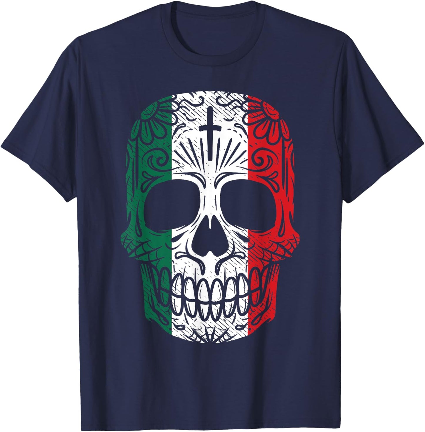 Sugar Skull Mexican Flag Cinco De Mayo Dia De Los Muertos T-Shirt - T-Shirt | Navy