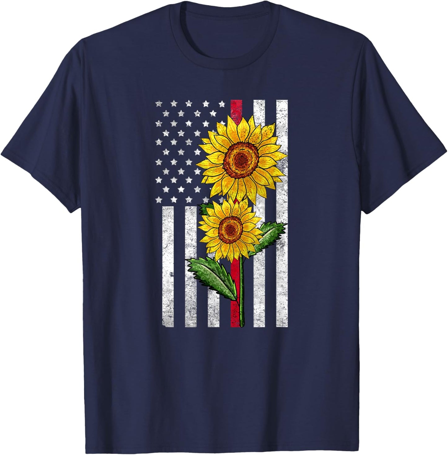 Sunflower Thin Red Line USA American Flag Firefighter Wife T-Shirt - T-Shirt | Navy