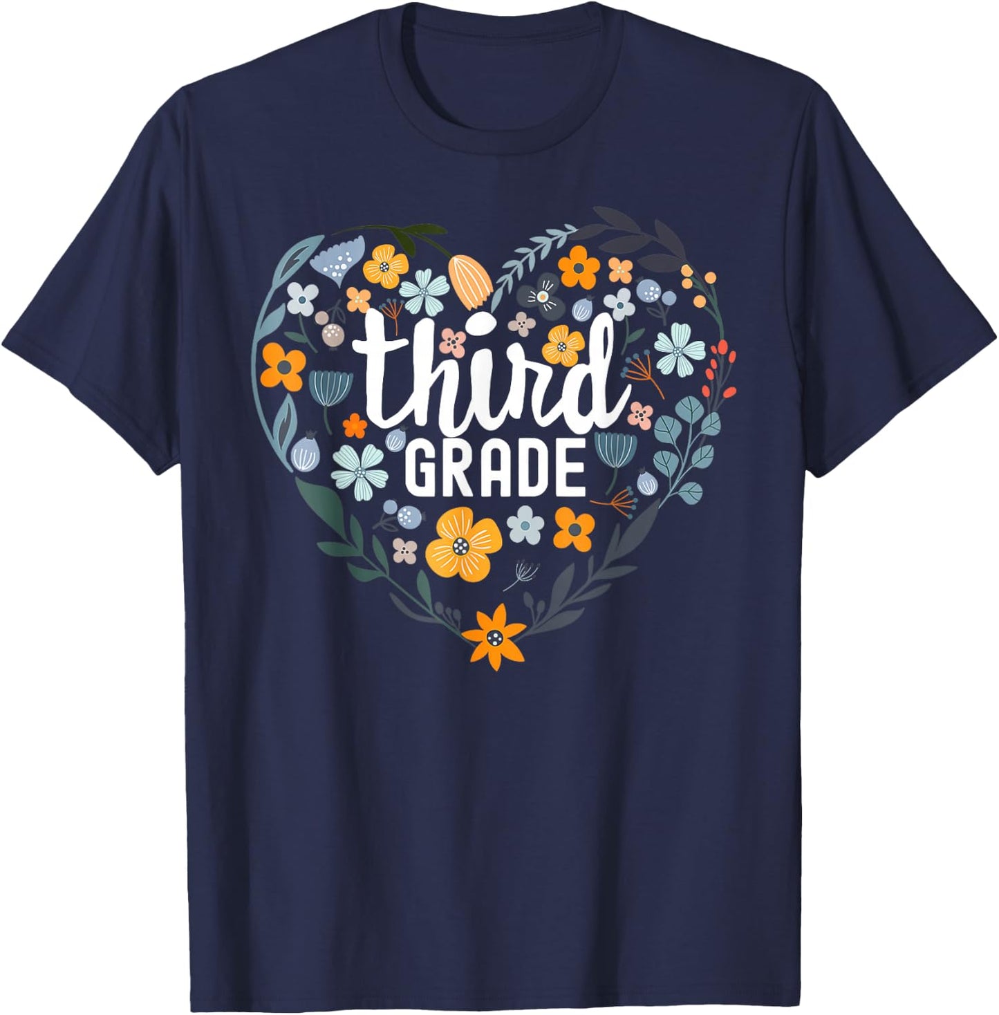 Third 3rd Grade Floral Heart Back To School Wildflower Women T-Shirt - T-Shirt | Navy