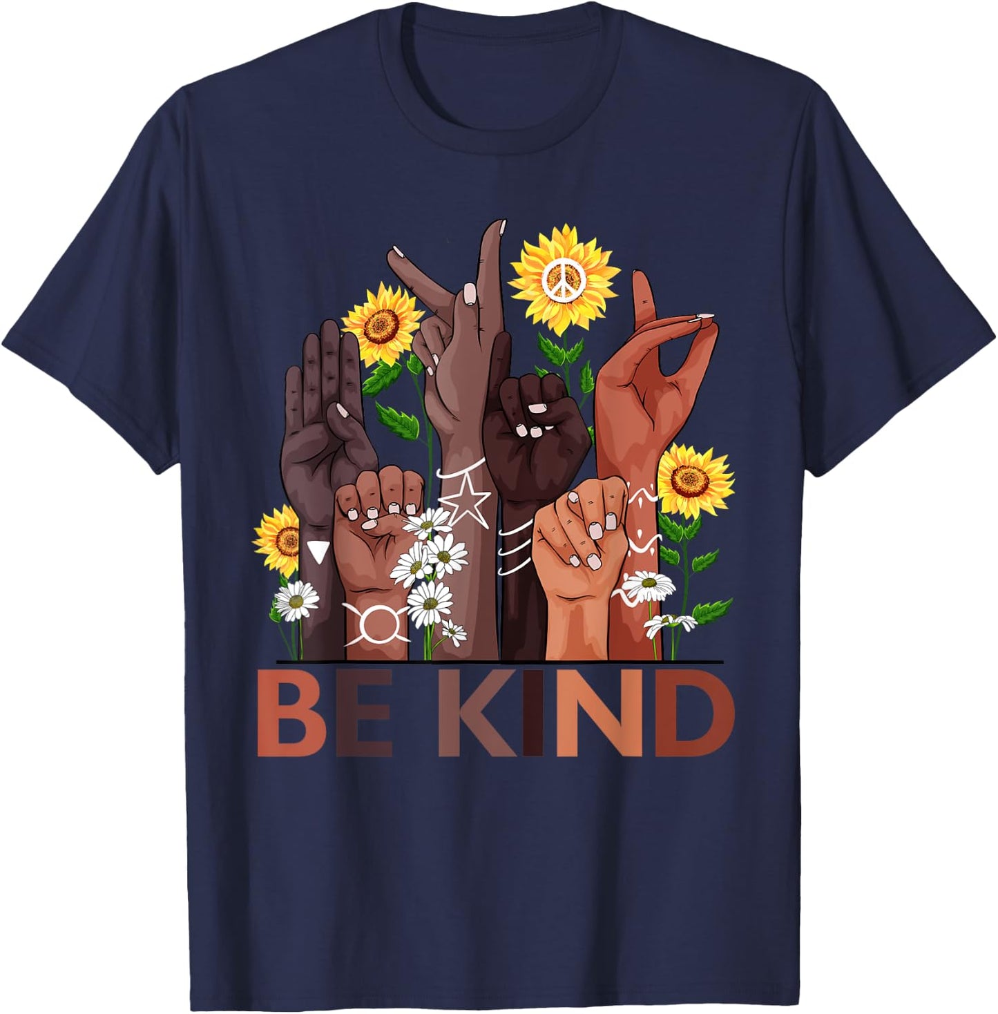 Be Kind Hand Sign Language Teachers Melanin Interpreter ASL T-Shirt - T-Shirt | Navy