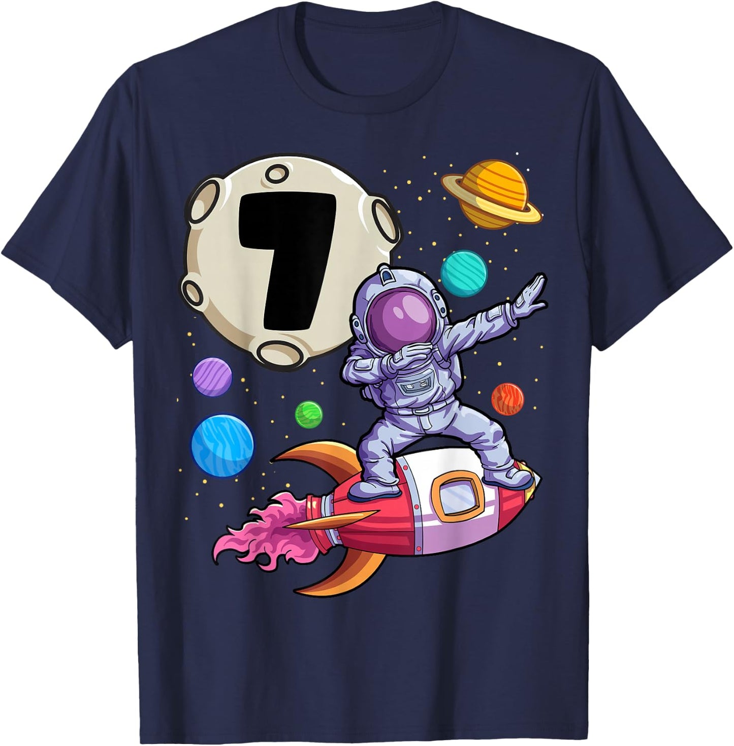 Dabbing Astronaut 7 Yrs Old Birthday Boy Space 7th Birthday T-Shirt - T-Shirt | Navy