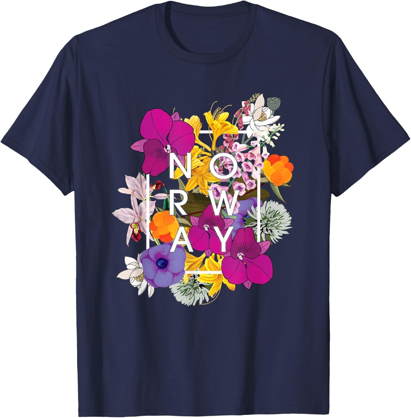 Flowers of Norway Word Art - Norwegian Pride T-Shirt - T-Shirt | Navy