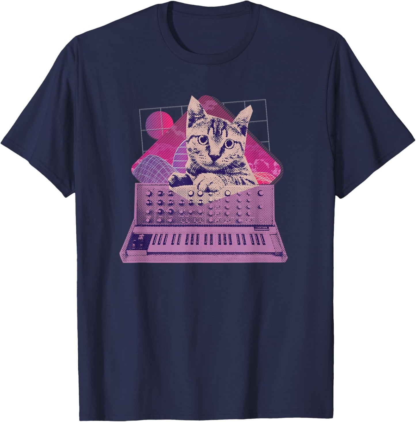 Retro Synthesizer Cat Vaporwave Aesthetic Analog T-Shirt - T-Shirt | Navy