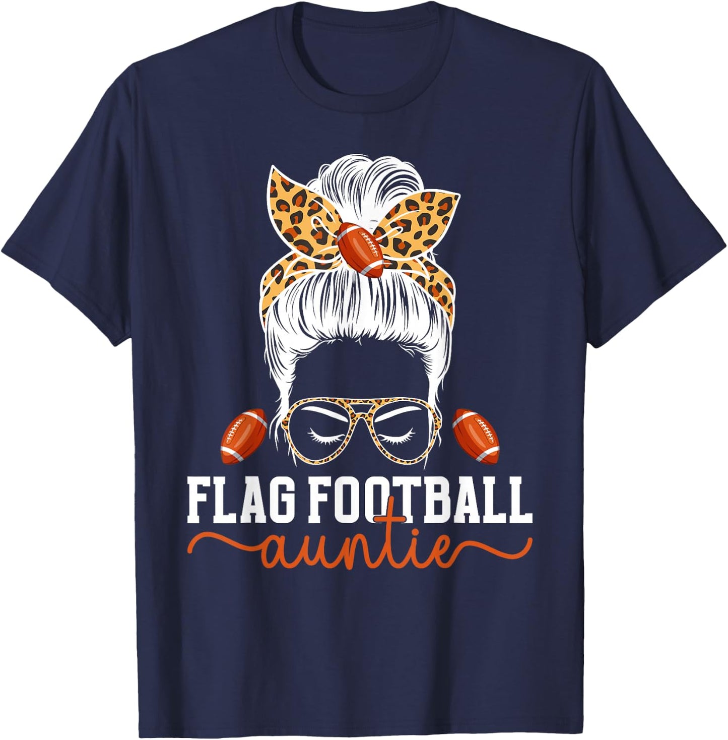 Flag Football Auntie Messy Bun Flag Football Player Aunt T-Shirt - T-Shirt | Navy