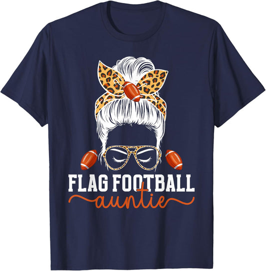Flag Football Auntie Messy Bun Flag Football Player Aunt T-Shirt - T-Shirt | Navy
