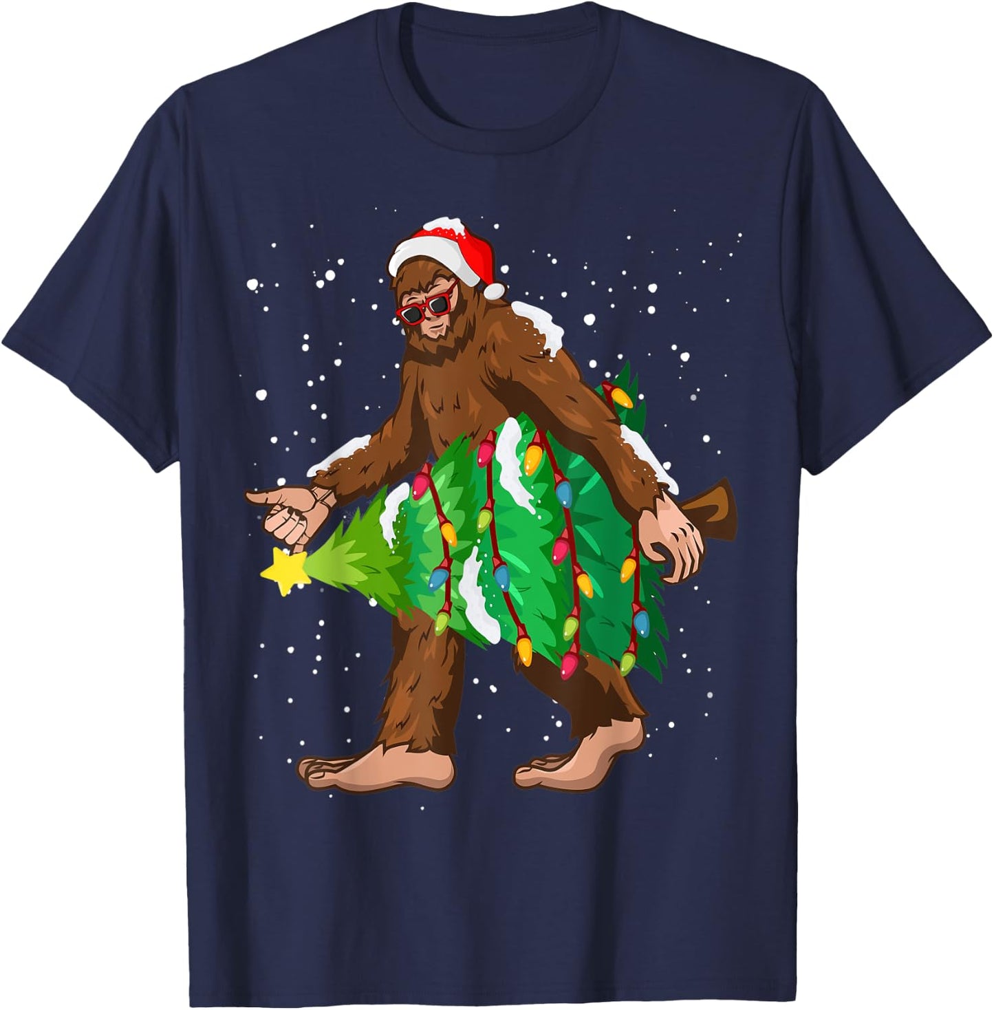 Bigfoot Christmas Santa Hat Xmas Tree Men Women Kids Pajama T-Shirt - T-Shirt | Navy