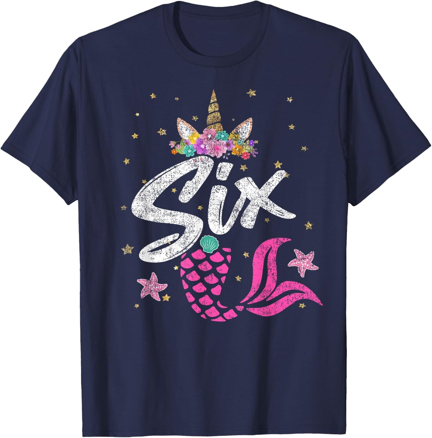 6th Birthday Girl Unicorn Shirt Mermaid Tail 6 Years Old T-Shirt - T-Shirt | Navy
