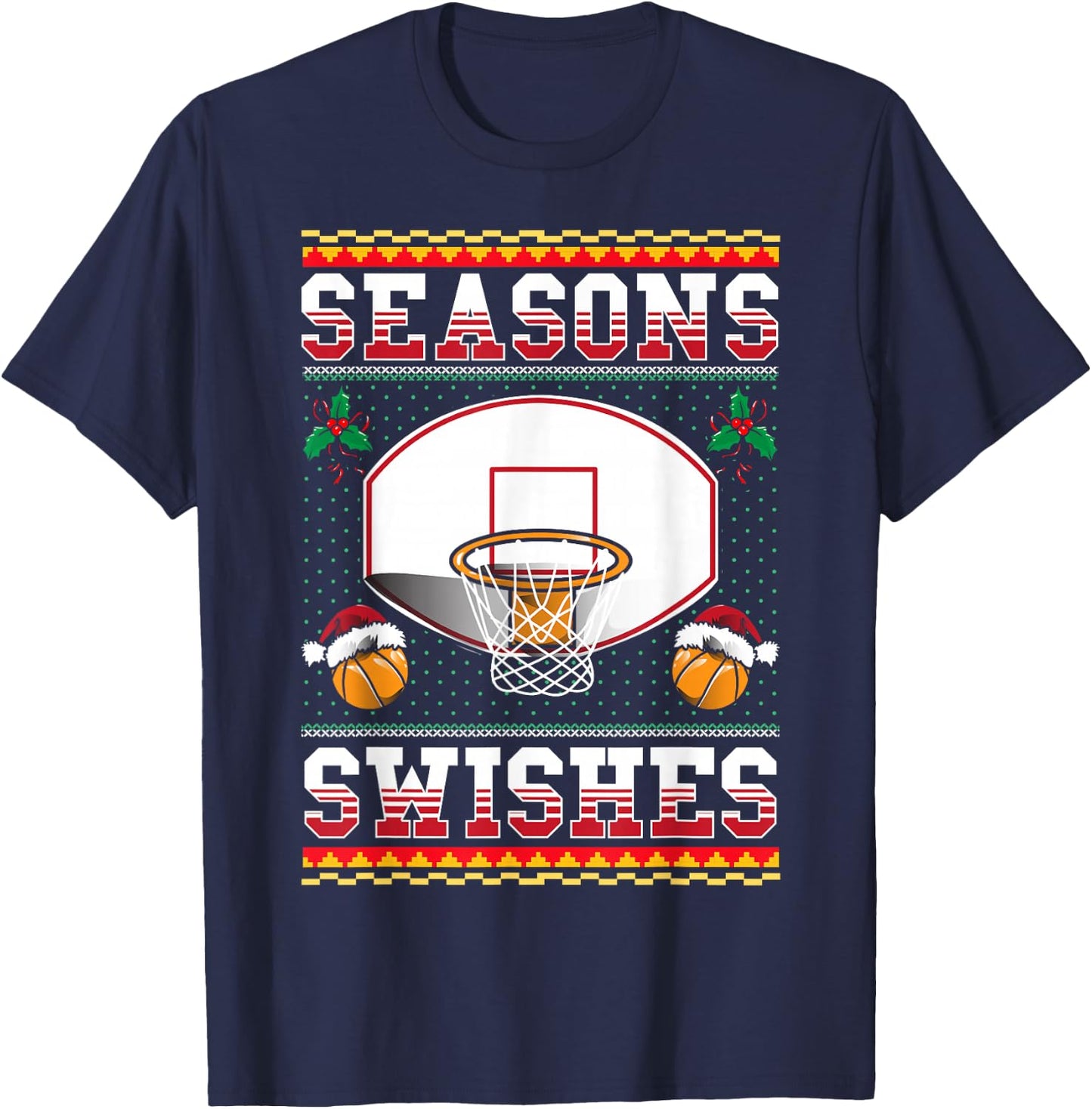 Basketball Seasons Swishes Ugly Christmas Pattern Sports T-Shirt - T-Shirt | Navy