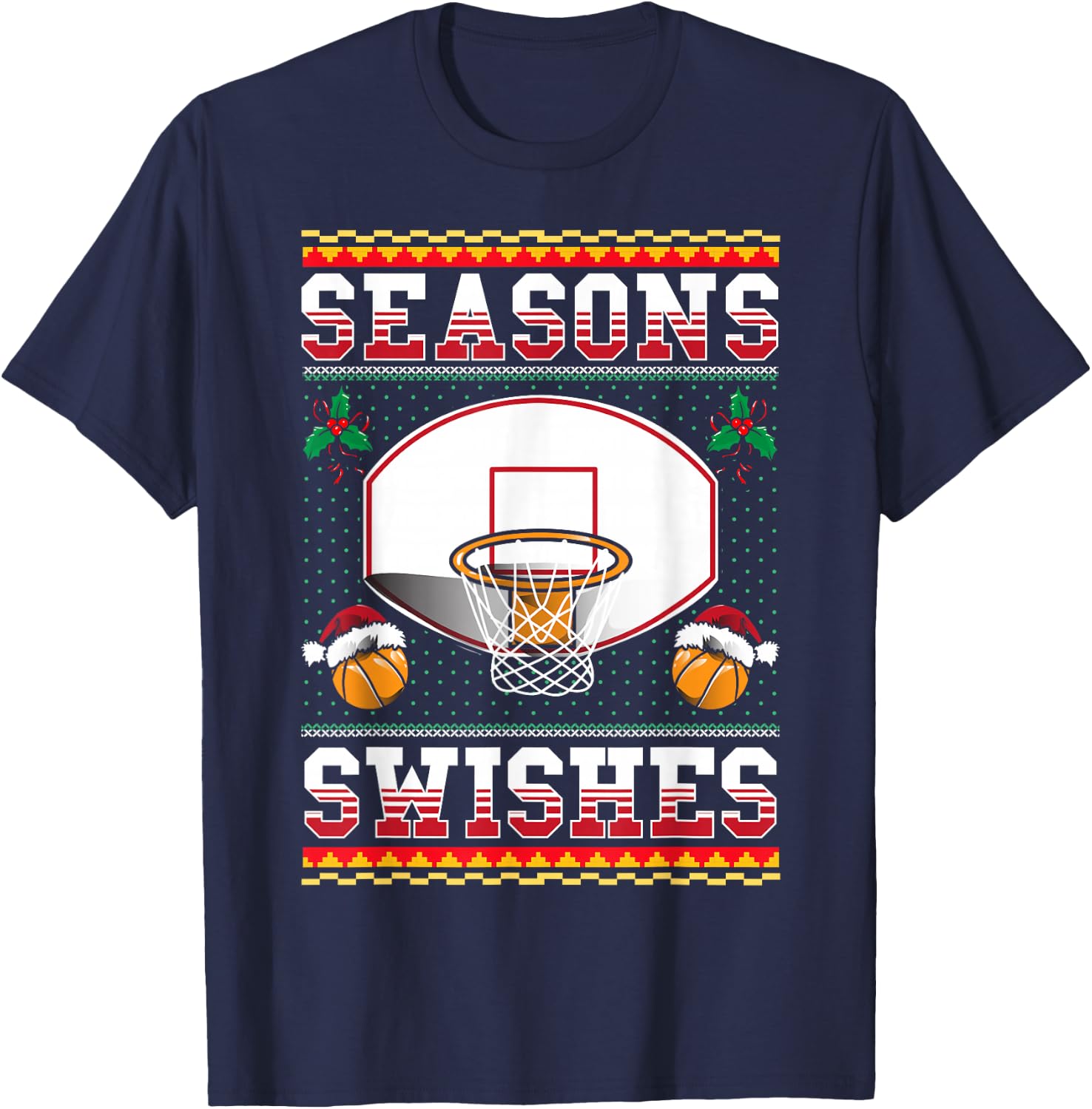 Basketball Seasons Swishes Ugly Christmas Pattern Sports T-Shirt - T-Shirt | Navy